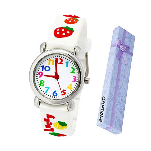 Eleoption Relojes de pulsera resistentes al agua digitales de silicona en 3D con dibujos animados, regalo de profesor para niños y niñas - ZL-114-0220, blanco, (White Strawberry)