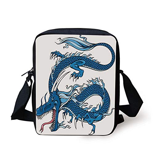 Fantasy,Legend Dragon Mythical Creature Japanese Culture Folk Icon Print,Dark Blue Light Blue White Print Kids Crossbody Messenger Bag Purse