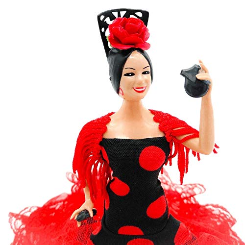 Folk Artesanía Muñeca 20 cm andaluza o Flamenca Vestido con Cola . Similar Marin Dolls. Fabricado en España (Rojo Lunar Negro)