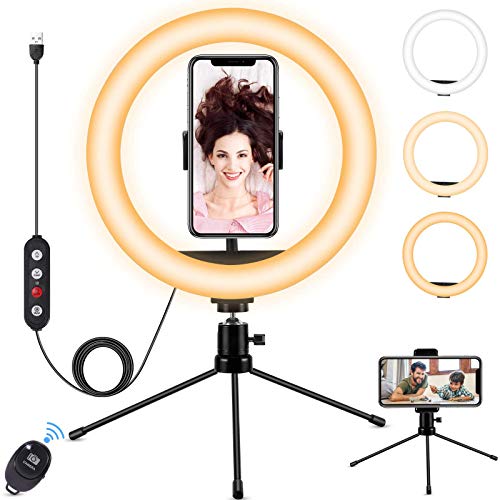 Fostoy Ring Light, Anillo de Luz para Selfies con Trípode Versátil y Soporte para Teléfono, con 3 Colores y 10 Niveles de Brillo para Videos de Youtube, Tiktok, Maquillaje (10inch)