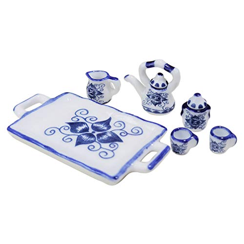 Gadpiparty 1 Juego de Tetera de Porcelana en Miniatura para Casa de Muñecas Juego de Tazas de Té Patrón de Flores Plato para Servir Accesorios de Cocina para Casa de Muñecas (Azul Blanco)