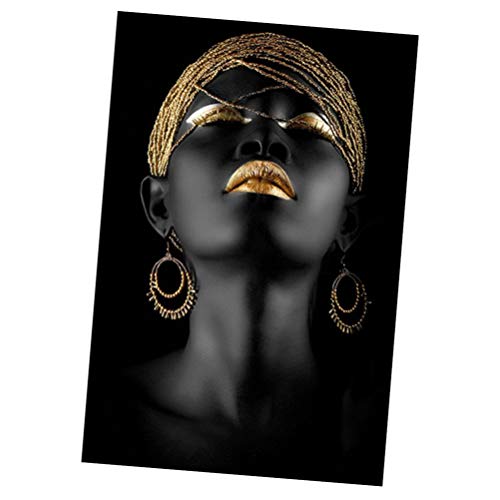 GARNECK African American Picture Canvas Wall Art Original Artist Mujer Africana Pintura de La Pared Gold Earrings Necklace Black Pretty Girl Painting on Canvas Poster Print 40X60cm