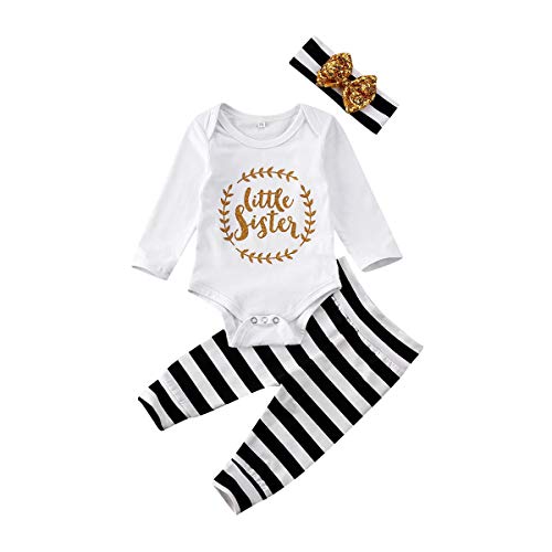 Geagodelia - Juego completo de 3 piezas para recién nacido, vestido blanco con alfabeto de manga larga + pantalones a rayas blancas y negras + banda con lazo Bianco 100 cm(9-12 meses)