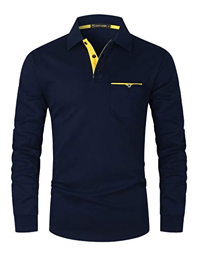 GHYUGR Polos Hombre Manga Larga con Bolsillo Colores de Contraste Poloshirt Camisa Otoño Golf T-Shirt Trabajo Camisetas,Azul,L