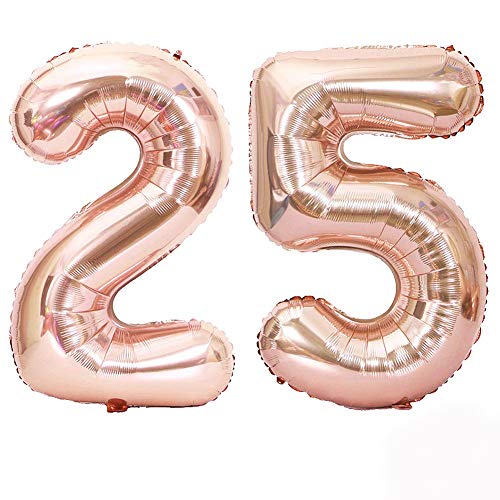 Globo 25 Años, 40 Pulgadas Globo del Cumpleaños Número 25 Helio Globos para La Decoración Boda Aniversario (Rosa Oro)