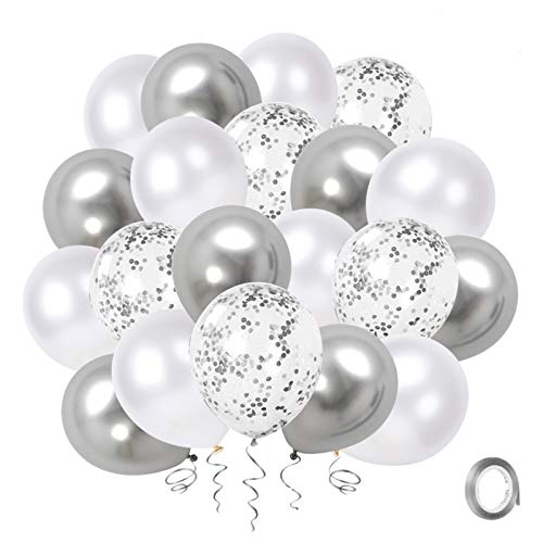 Globos Confeti de Plata Blanca, Paquete de 50 Globos de Fiesta de Cromo Metálico Plateado de 12 pulgadas con Cinta de Plata para Decoraciones de Baby Shower de Cumpleaños de Boda