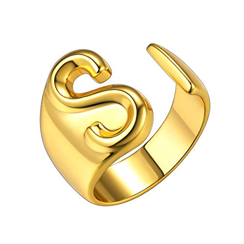 GoldChic Jewelry Dorado Anillo Ajustable para Hombre y Mujer - Letra S mayuscula A-Z Disponibles Laton Cobre - Gratis Caja de Regalo