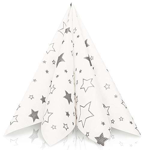 GRUBly servilletas de Papel - Navidad Estrellas de Plata | Material Similar | Decoración de la Mesa Navidad | 40x40cm | AIRLAID Calidad | Paquete de 50