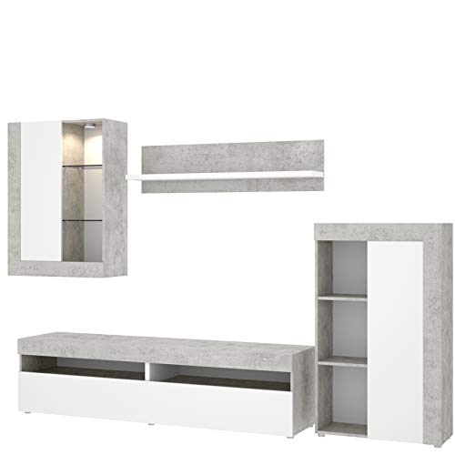 HABITMOBEL Mueble Modular salón Moderno,Blanco y Gris Cemento, Medidas: 265 cm (Ancho) x 180 cm (Alto) x 42 cm (Fondo)
