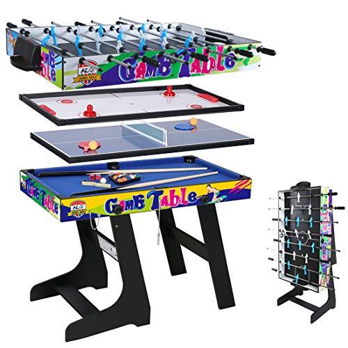 hj 4 en 1 Mesa de Juegos Multisport Combo Mesa de Billar / Hockey / Mesa de Ping-Pong / Futbolín con Patas Plegables 4 Pies Negro
