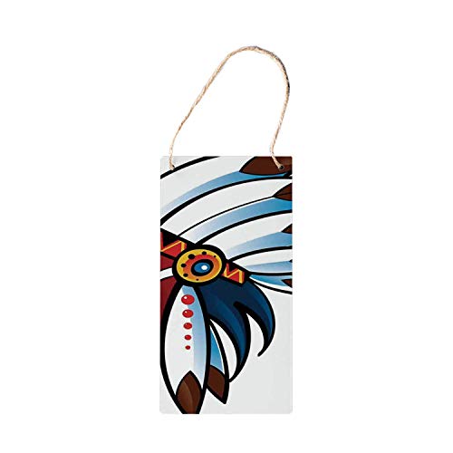HNNT Letreros de madera para colgar funcionales, ilustración de jefe indio tribal con chamán de plumas, banda étnica antigua en madera New W 12,7 x 25,4 cm