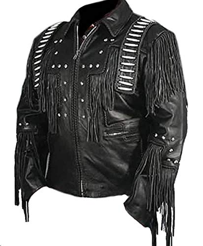 Hombres Negro Western Cowboy Real Suede Chaquetas de cuero con flecos 06 - negro - 3XL pecho 121.9/127 cm