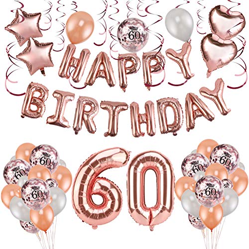 HOWAF Decoración de cumpleaños 60 en Oro Rosa para Mujeres, 59 Piezas Feliz cumpleaños Decoración Globos Guirnalda Banner 60 Años Globos de Confeti y Estrella Corazon Globos de Aluminio