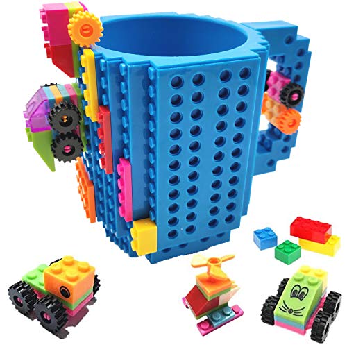 HUISHENG Build-on Brick Mug, Tazas Desayuno, Regalos para Hombres Papá Él Amigos Niños Adulto, Originales Regalo Ideal para Navidad Pascua Dia del Padre Cumpleaños, Compatible con Lego (Azul)
