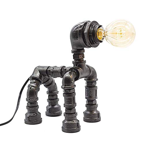 JISHIYU Negro de la lámpara de Steampunk con Dimmer, Perro Figura regulable estilo Loft de luz de lámpara estilo de la antigüedad de la vendimia industrial, tuberías de hierro envejecido escritorio de