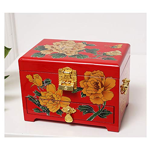 Joyería Caja de Almacenamiento Joyería antigua caja de joyería de madera orientales Caja de almacenamiento caja de laca roja con Espejo de pintado a mano regalo for la familia Amigos Colgador de joyas