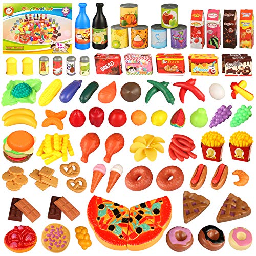joylink Alimentos de Juguete, 139pcs Comida Cocina Juguete Set Cortar Frutas Verduras Pizza Juego de Plástico para Niños, Juguete Imitación Juego de rol para 3+ Años Niños