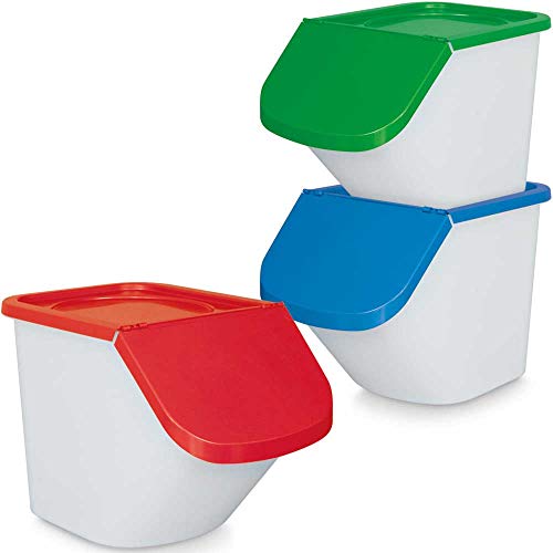 Juego de 3 recipientes de 40 litros con tapa extraíble, apilable, cuerpo blanco, tapa azul/verde/rojo