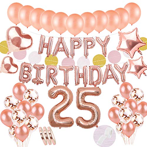 Juego de oro rosa de decoración de 25 años de edad: globos de papel de helio Banner de feliz cumpleaños y Número 25 y 30 globos y 4 estrellas corazónglobo para fiesta de cumpleaños de niña hija