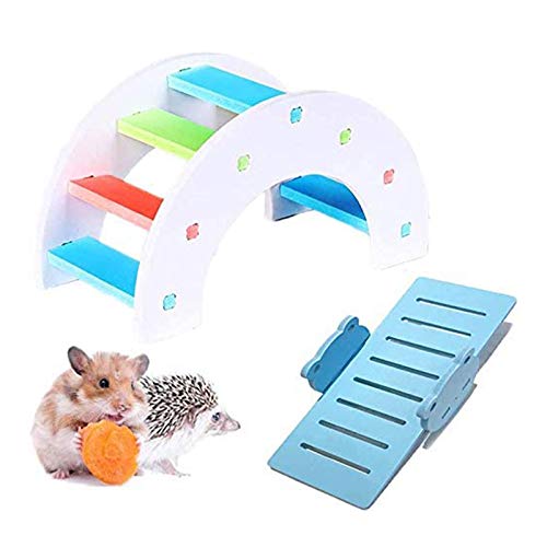 Juguetes para hámster, DIY Puente de madera arco iris con balancín de PVC Juego de juguetes de ejercicio ideal para hámster nido ratón micrófono erizo lagarto animales pequeños