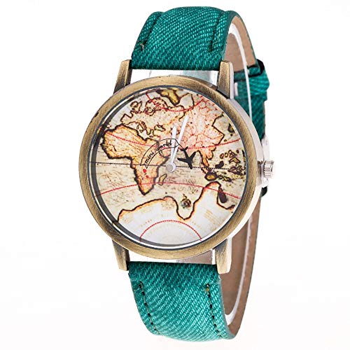 JZDH Relojes para Mujer Womens Watch Fashion World'S World Map Cowboy Band Analog Quartz Wrist Watch Mapa Mapa Relojes Mujeres Relojes Decorativos Casuales para Niñas Damas (Color : Green)
