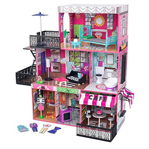 KidKraft- Casa de muñecos de madera con muebles y accesorios incluidos, 3 pisos, para muñecos Brooklyn's Loft , Color Rosado (65922)