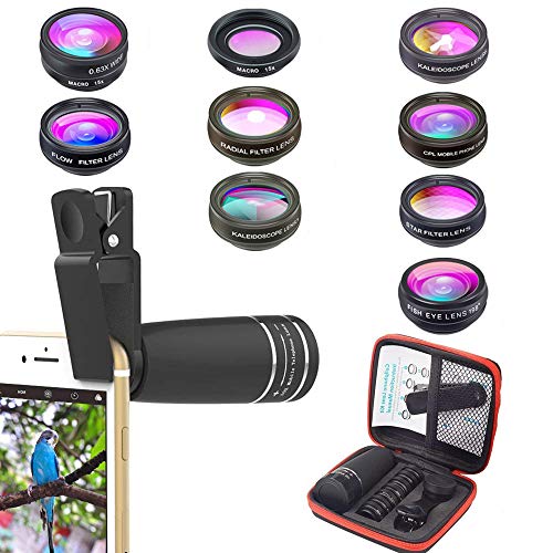 Kit de lentes de cámara para teléfonos 10 en 1 Lente telefoto 10X, lente ojo de pez, gran angular, lente macro, lente caleidoscopio para iPhone Samsung y la mayoría de los teléfonos inteligentes