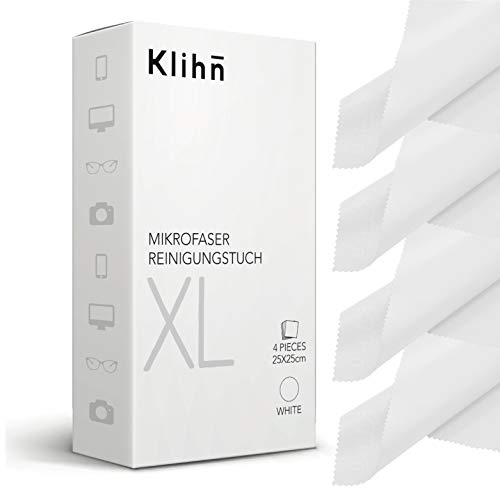 Klihn - Paños de microfibra XL (pack de 4 / 25 cm x 25 cm) en calidad profesional también para pantallas y objetivos (paños de microfibra grandes de fibra especial fina, lavables) (XL-blanco)