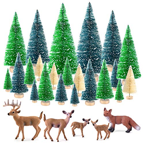 KUUQA 25 Piezas Mini árboles de sisal Cepillo de Botella Árboles Árboles de Escarcha de Nieve con Figuras en Miniatura Animales del Bosque Ciervos Zorro Mesa Artesanía Decoración
