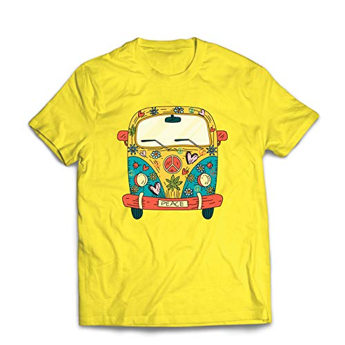 lepni.me Camisetas Hombre Años 60 70 Hippie Van, Flores, Amor, símbolo de Paz Libertad (Small Amarillo Multicolor)