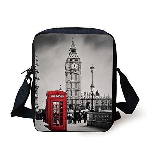 London,Famous Telephone Booth and the Big Ben in England Street View Symbols of Town Retro Decorative,Red Grey Print Kids Crossbody Messenger Bag Purse