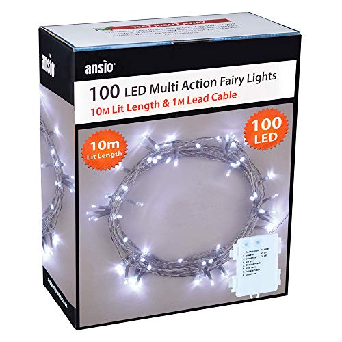 Luces de Navidad, luces de hadas 100 LED Blanco frío Interiores, funciona con batería - Longitud de 10m /32ft iluminado con cable transparente de…