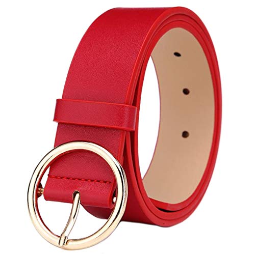 MESHIKAIER Fashion Mujer PU Cuero Cinturón Casual Cintura Cinturón + Redondo Metal Hebilla (Rojo)