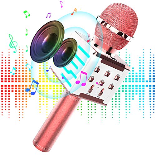 Micrófono Inalámbrico Karaoke Bluetooth, Altavoz de Alta Fidelidad de 10W Microfono Karaoke con Luz LED multicolor 4 en 1 para Niños Canta Partido Musica, Compatible con Android/iOS/PC/AUX