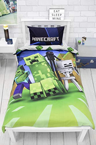 Minecraft Creeps - Funda de edredón para Cama Individual, con Licencia Oficial, Reversible, diseño de Dos Caras con Funda de Almohada a Juego, polialgodón, Color Azul
