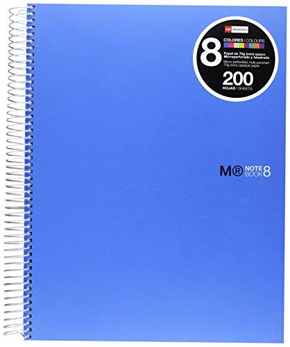 Miquelrius - Cuaderno A4, 200 hojas (franjas de 8 colores), Rayado Horizontal 7 mm, tapa de polipropileno color azul