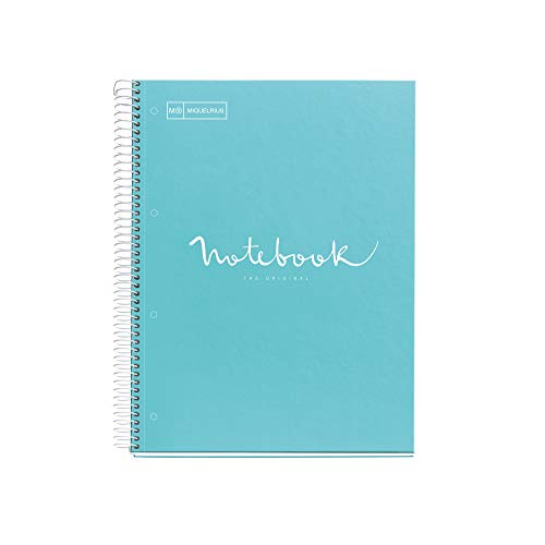 Miquelrius - Cuaderno Notebook Emotions - 1 franja de color, A4, 80 Hojas cuadriculadas 5mm, Papel 90g, 4 Taladros, Cubierta de Cartón Extraduro, Color Azul Cielo