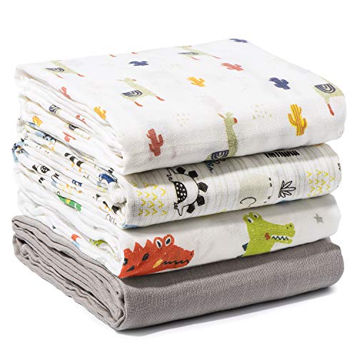 Momcozy de 4 Cobertores para Bebés con Patrón de Animales, 120 * 120 cm, 70% de Bambú, 30% de Algodón en las Mantas para Bebés, Manta Suave para Dormir para el Bebé