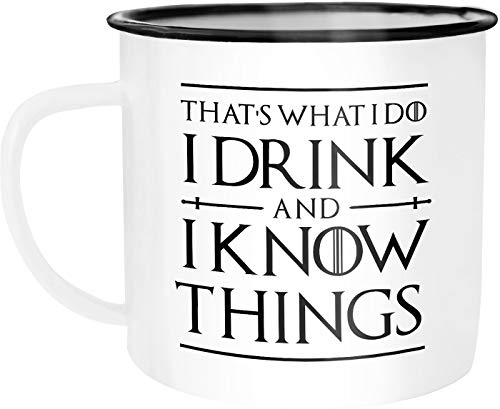MoonWorks® Taza de café con texto"I drink and i know things", esmalte metal, That's What I Do - Muñeco, color blanco y negro, talla única