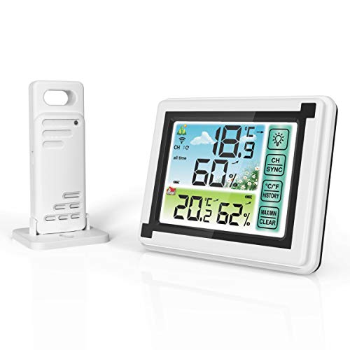 N / A Estaciones meteorológicas inalámbricas Termómetro Digital Higrómetro Medidor de Humedad Interior/Exterior Monitor de Temperatura con Sensor Exterior, Control táctil Pronóstico del Tiempo