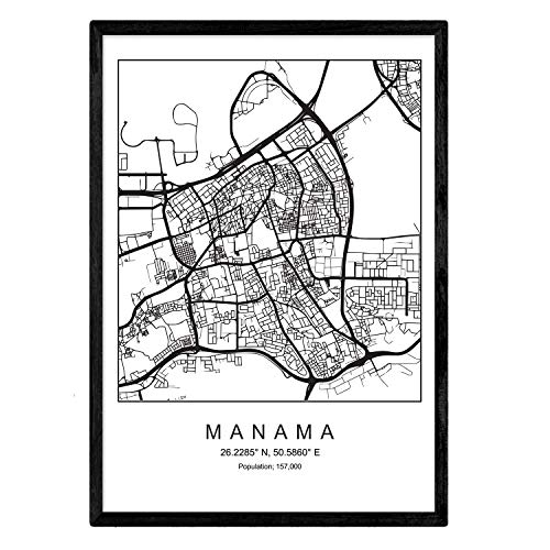 Nacnic Lámina Mapa de la Ciudad Manama Estilo nordico en Blanco y Negro. Poster tamaño A3 Sin Marco Impreso Papel 250 gr. Cuadros, láminas y Posters para Salon y Dormitorio