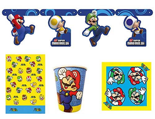 Nintendo Super Mario Bros - Juego de 4 platos, vasos de papel, servilletas y cubierta de mesa