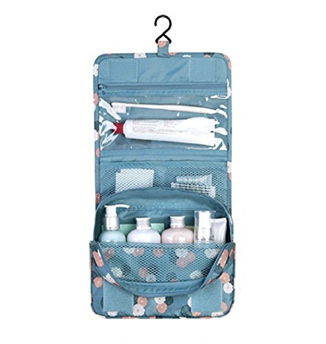 NOVAGO Bolsa de aseo / Organizador especialmente concebido para los viajes, el maquillaje y artículos de higiene personal - tamaño L (Flores / Azul)