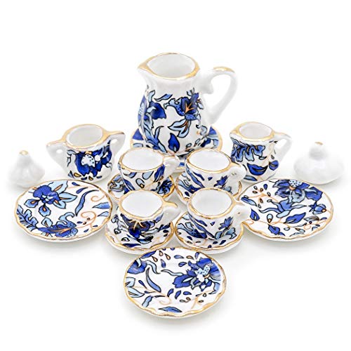 Odoria 1/12 Miniatura 15PZ Conjunto de Tazas de Té Porcelana Azul Cocina Accesorio para Casa de Muñecas