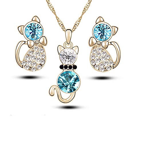 Ogquaton Calidad superior 4 piezas Moda Zircon Crystal Cat Collar Pendientes animales Conjunto de joyas, azul plata