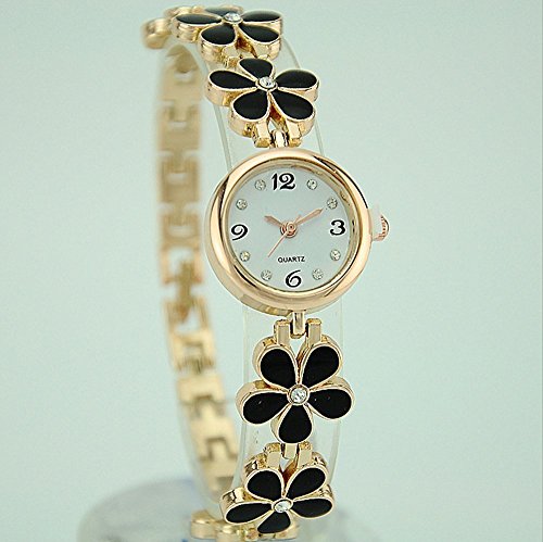 omeny Fashion Girl mujeres Chic Moda Margaritas flor Rose Golden pulsera muñeca relojes de cuarzo (negro)