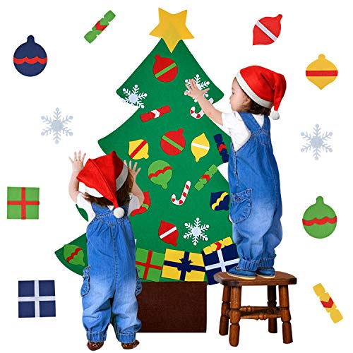 Outgeek Árbol de Navidad en Fieltro, DIY Fieltro Árbol de Navidad Educativo Decoración de Pared de Juguete Adornos de Navidad con Cuerda Colgante para Niños (28PCS Ornamento)