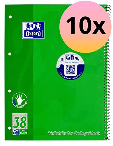 Oxford 100050405 - Cuaderno de espiral (para zurdos, 10 unidades, cuadriculado, 80 hojas, A4, 90 g/m²)