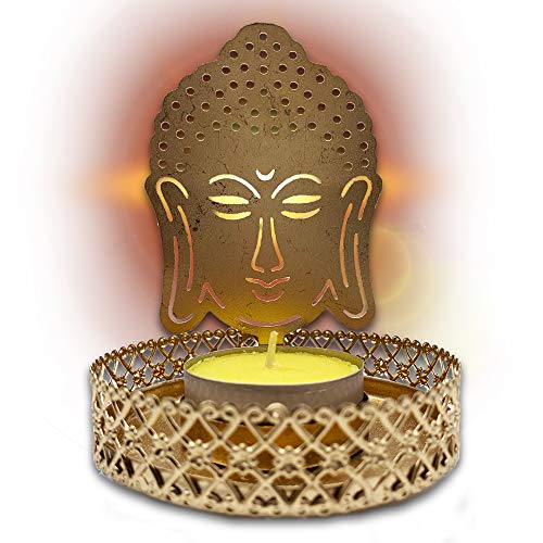 Pack x 2 - Portavelas Buda color dorado (incluye 2 velas). Porta velas decorativas para el hogar/oficina. Decoracion hindu candelabros elaborados 100% a mano.