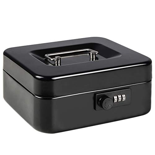 Parrency Caja de almacenamiento con cerradura de combinación, caja de seguridad pequeña pequeña con bandeja para dinero, 7 4/5" x 6 4/5" x 3 3/5", color negro